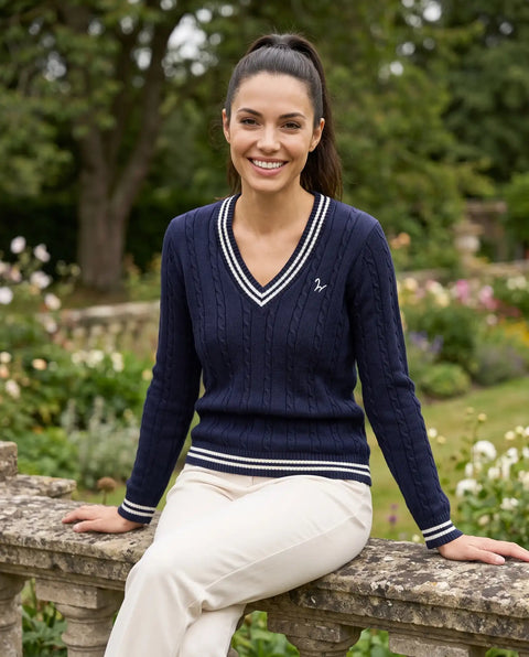 Strick Pullover Zopf navy-ecru