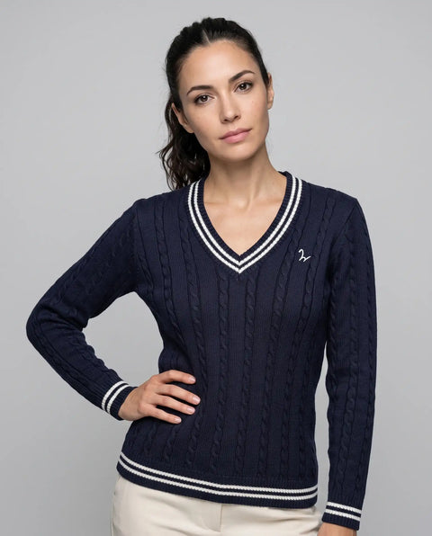 Strick Pullover Zopf navy-ecru