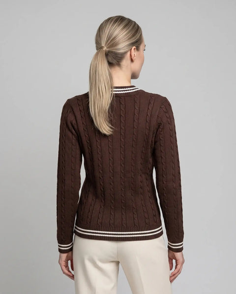Strick Pullover Zopf braun-ecru