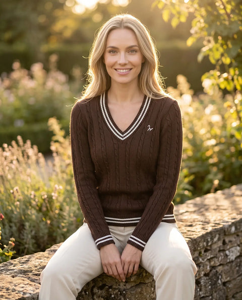 Strick Pullover Zopf braun-ecru