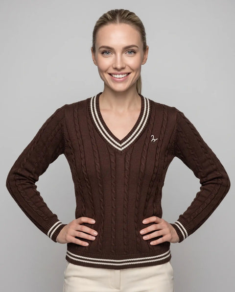 Strick Pullover Zopf braun-ecru