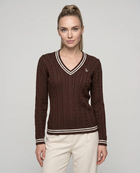 Strick Pullover Zopf braun-ecru