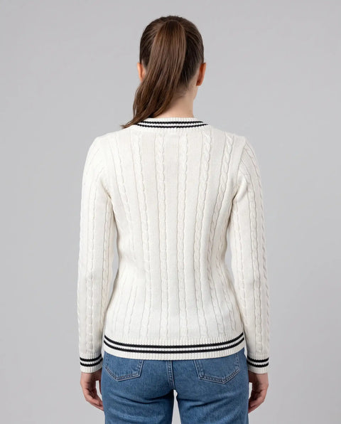 Strick Pullover Zopf ecru-navy