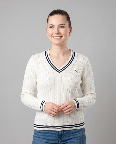 Strick Pullover Zopf ecru-navy