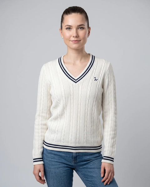Strick Pullover Zopf ecru-navy