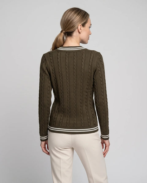 Strick Pullover Zopf olive-ecru