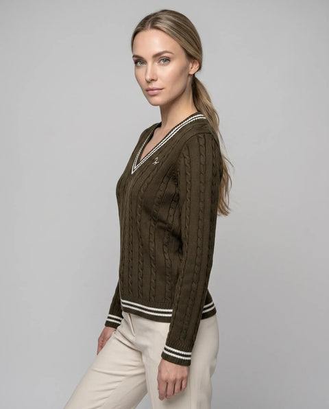 Strick Pullover Zopf olive-ecru