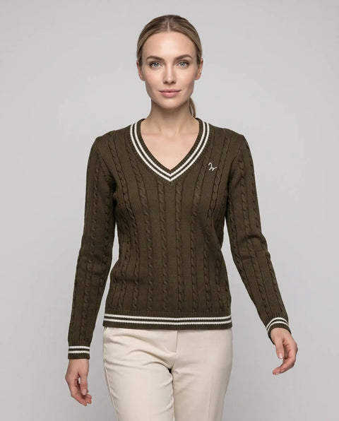 Strick Pullover Zopf olive-ecru